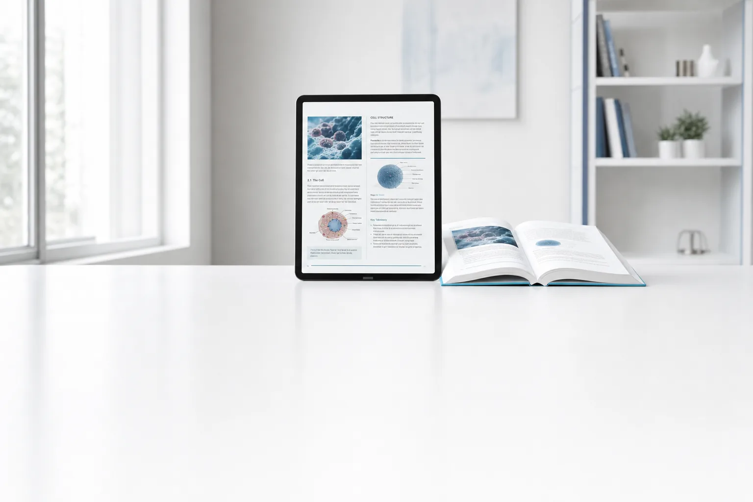 A KITABOO digital textbook on a tablet beside a printed book